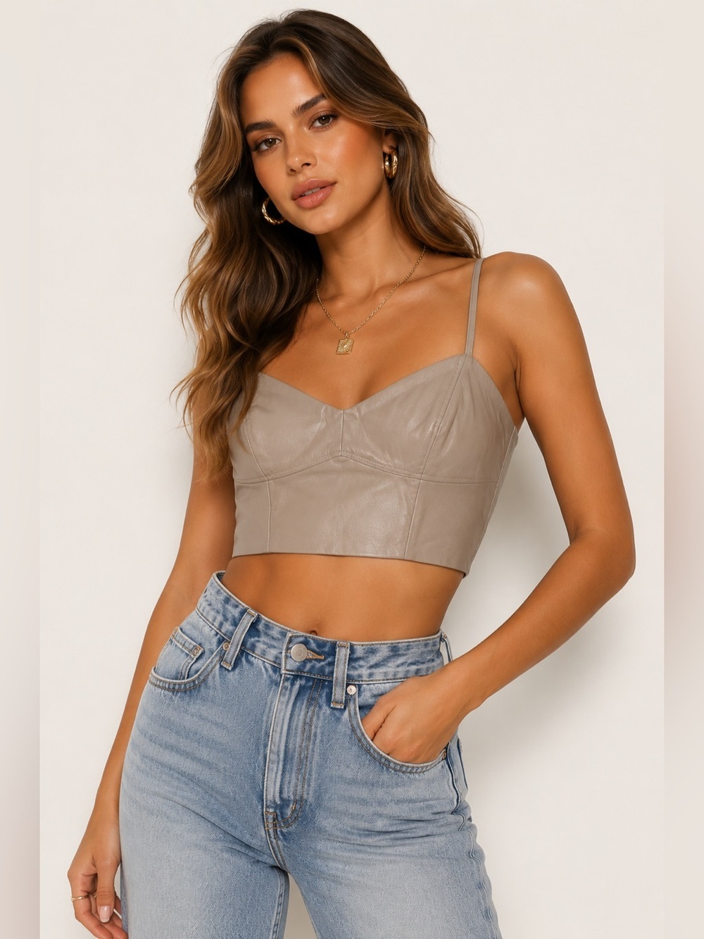 Zara Faux Leather Cropped Bustier Cami Top Taupe Beige XS Women’s Chic